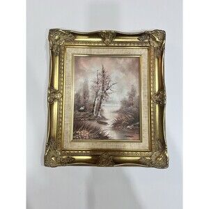 Original Oil On Canvas Painting With Winter Landscape Cottage On The Lake 15”‎